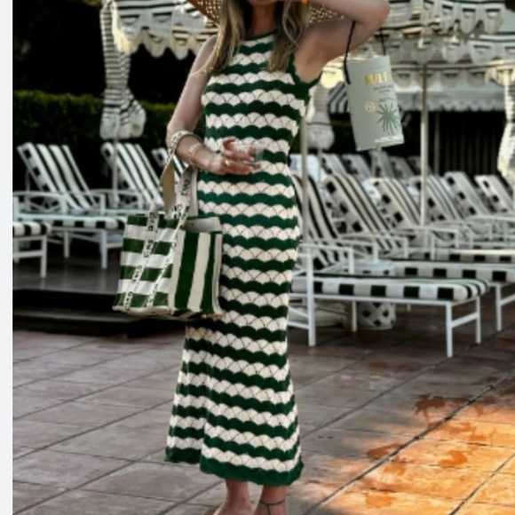MISA Rosalia Long Emerald Striped Crochet Knit Dress - Picture 1 of 10